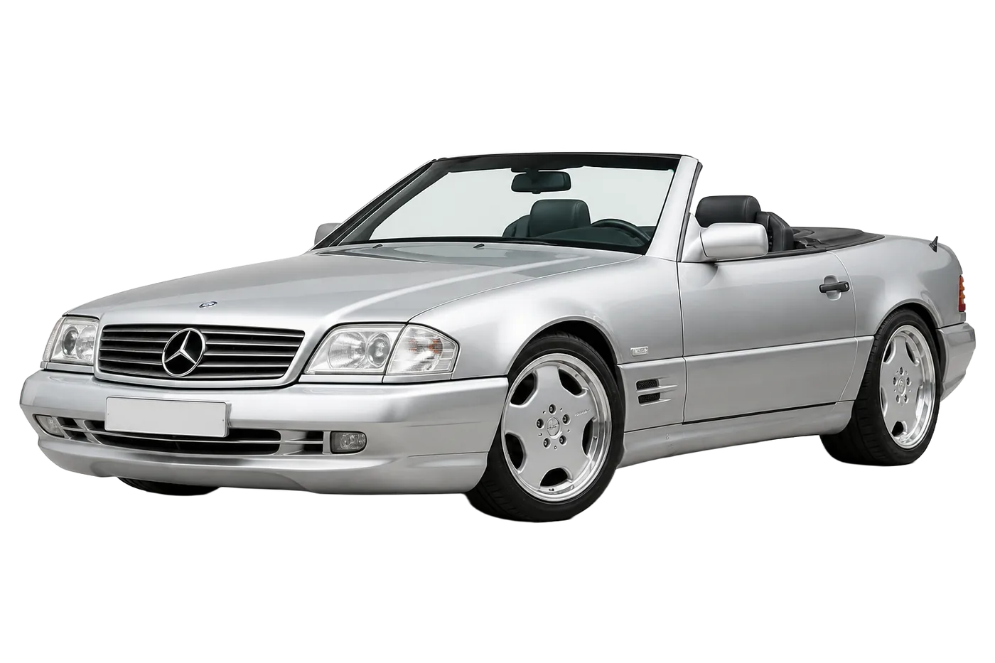 Mercedes-Benz R129 SL AMG roadster in a three-quarter front studio view